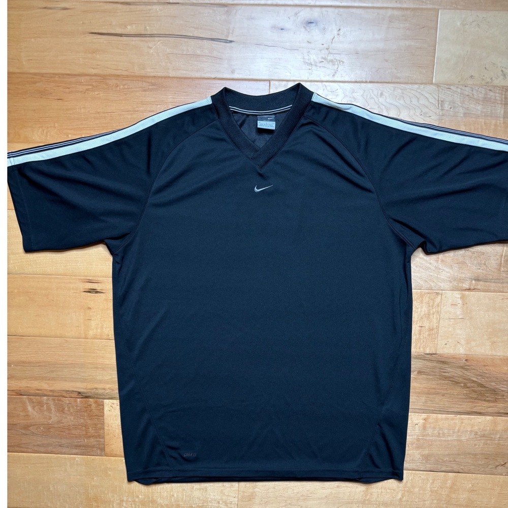 Nike Dri-FIT Shirt Mens Large Black‎ White Stripe V-Neck Athletic Swoosh Logo